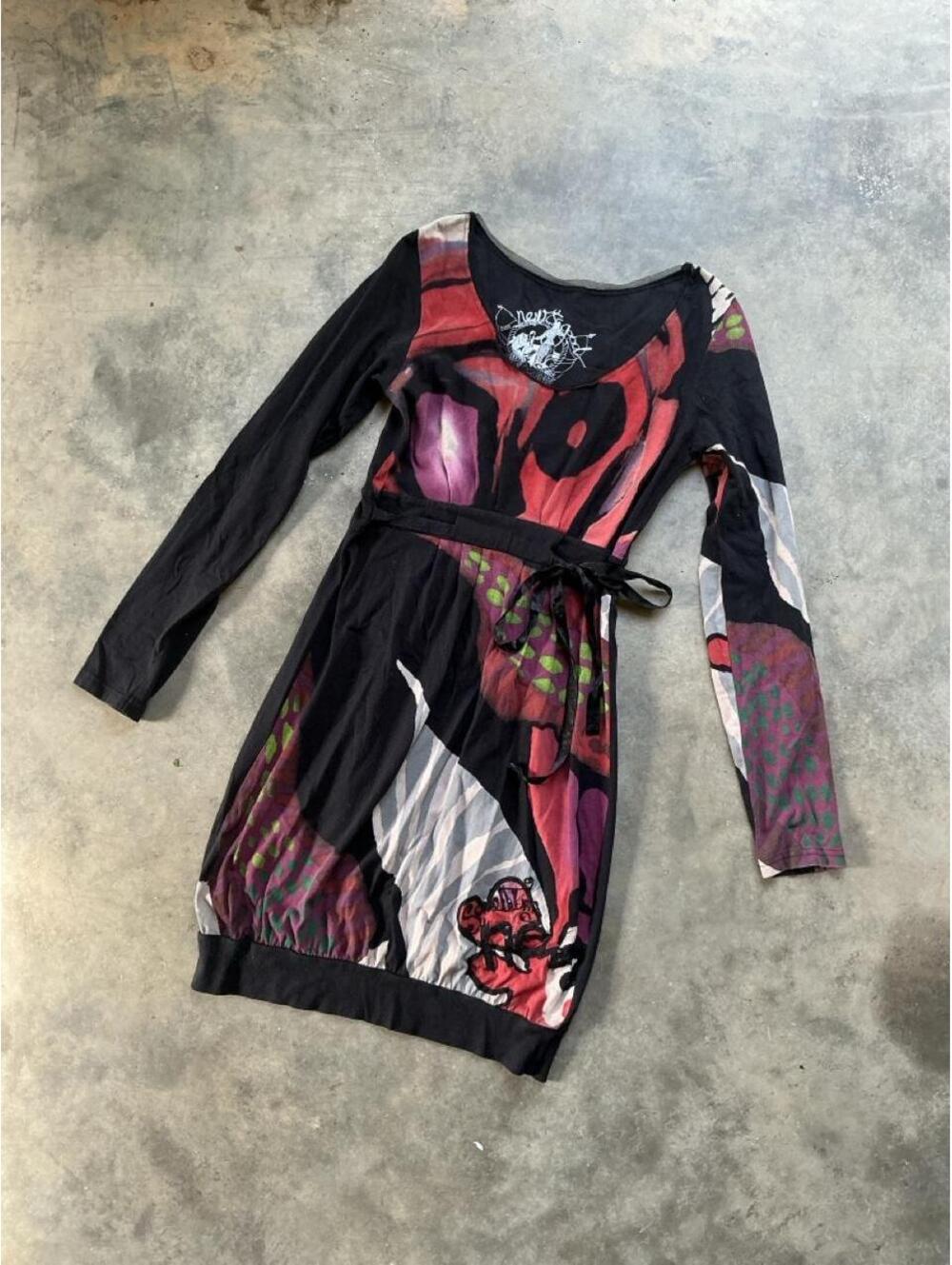 Desigual Abstract Floral Tie Waist Mini Dress | Y2K Boho Long Sleeve Dress